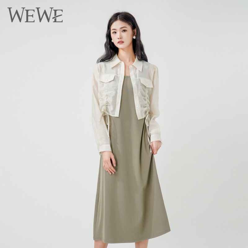 WEWE/唯唯 2024夏季微透单排扣长袖短外套背带连衣裙套装1
